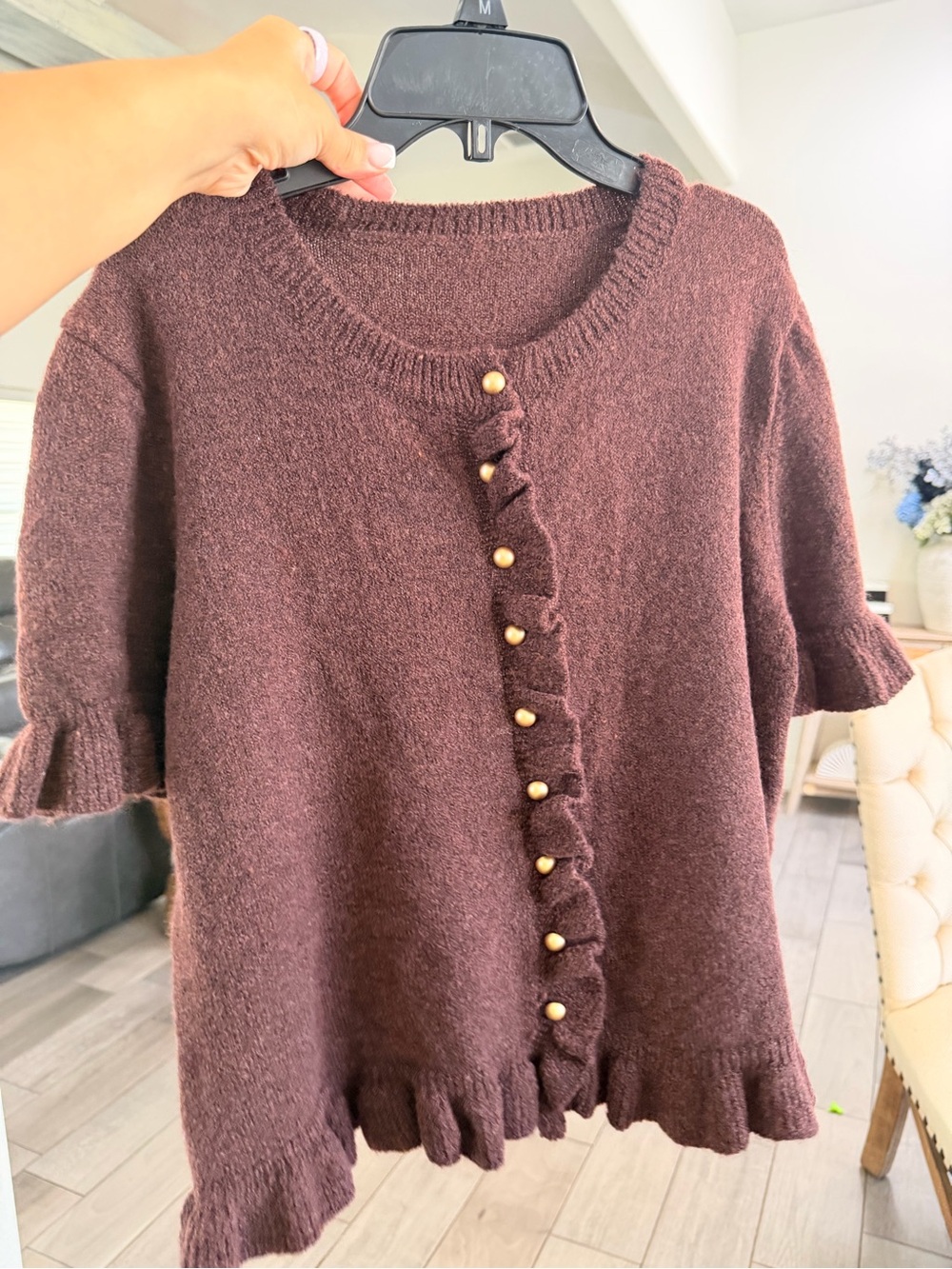 Brown Ruffle Button Knit Cardigan - Picture 4 of 5